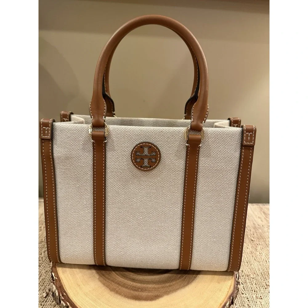 Tory Burch Blake Canvas Classic  Cuoio Small Tote Natural & Tan Style 145356 New